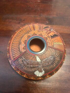 Native American Navajo Bald Eagle Feather Seed Pot , 7”1/2 Wide x 2” Tall,